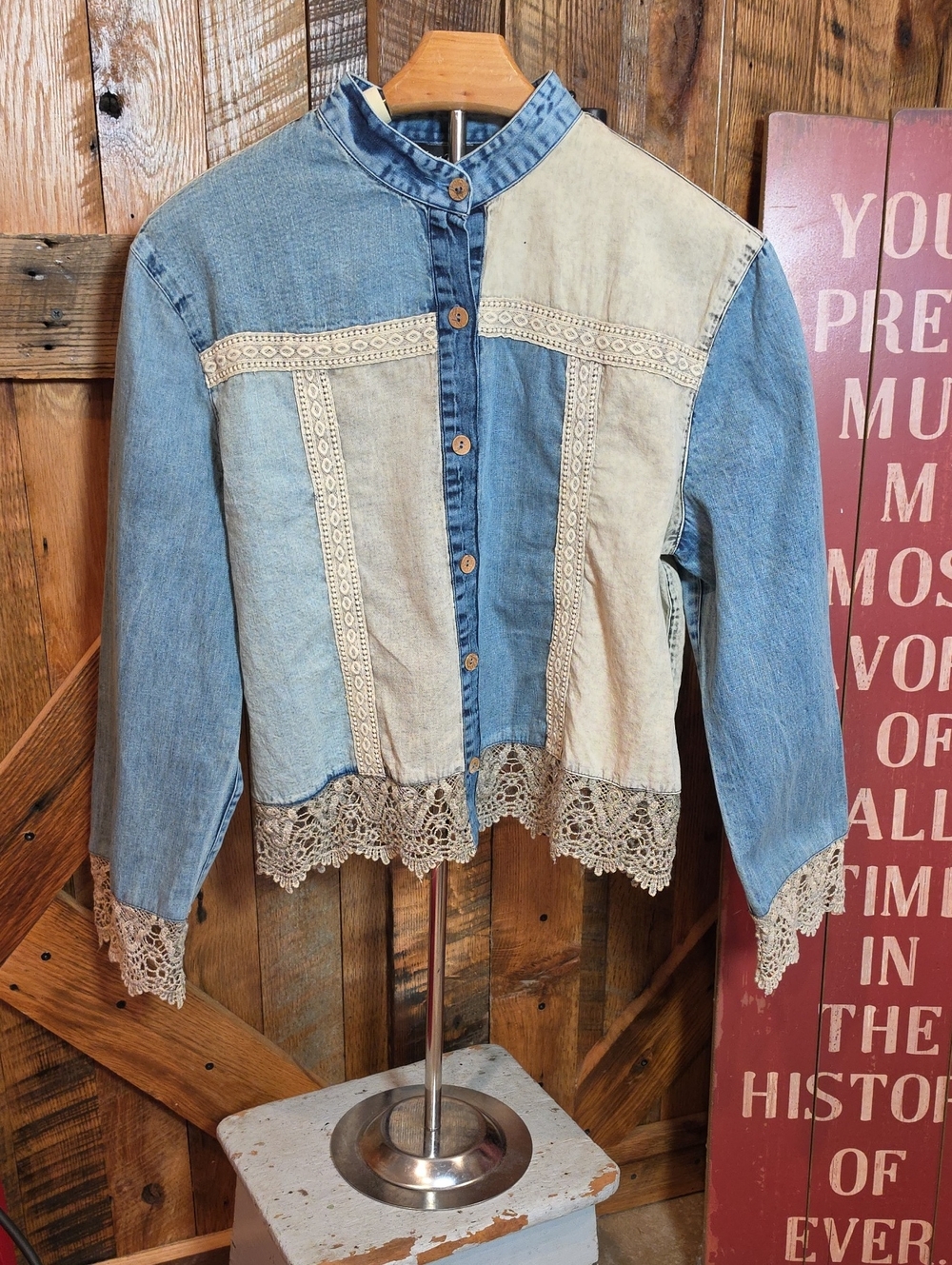 219p Young Threads Two-Tone Denim Jacket with Lace Trim - Blue/Cream